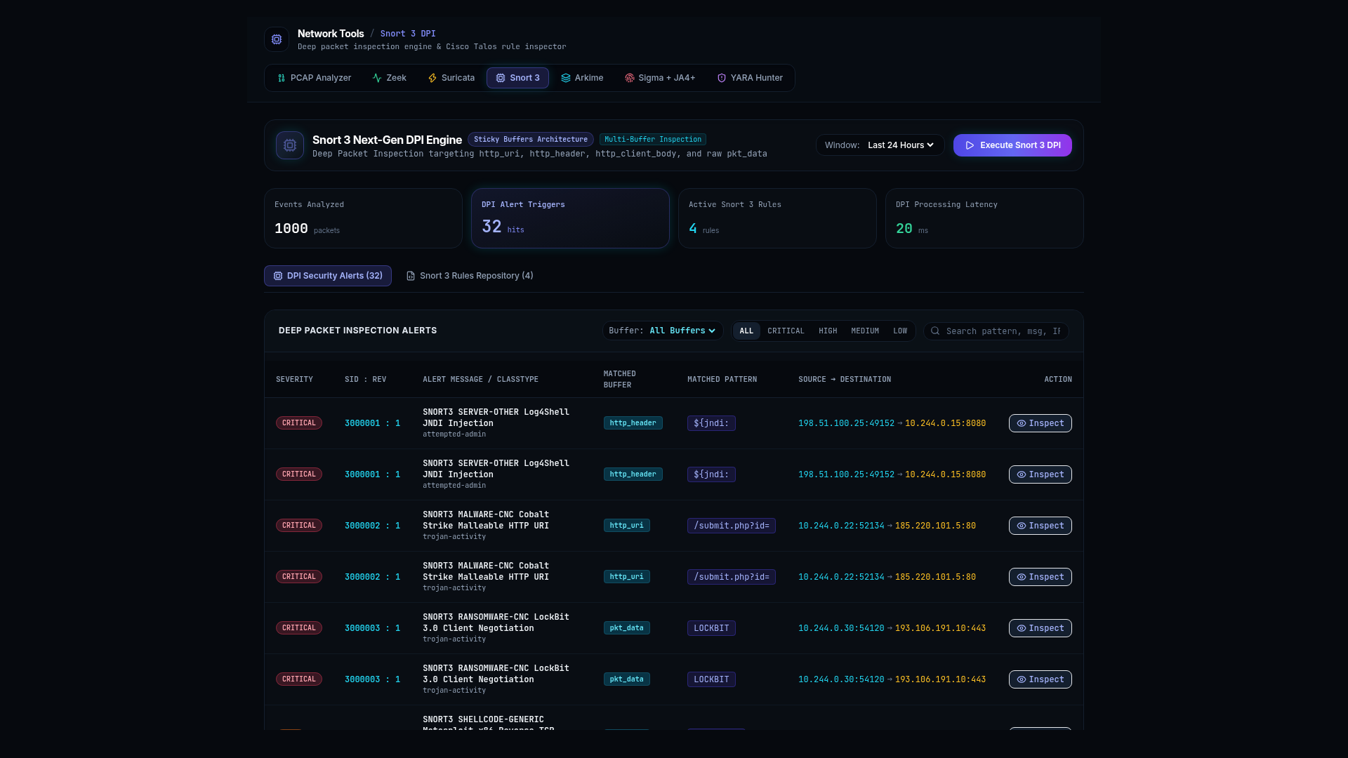 GryphOps Snort 3 Network Sensor In-Tool UI